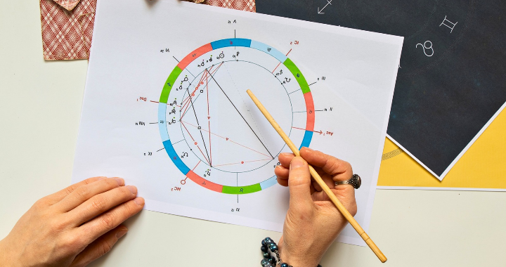 Hands holding a pointer on an astrology chart with zodiac signs, houses, and planets